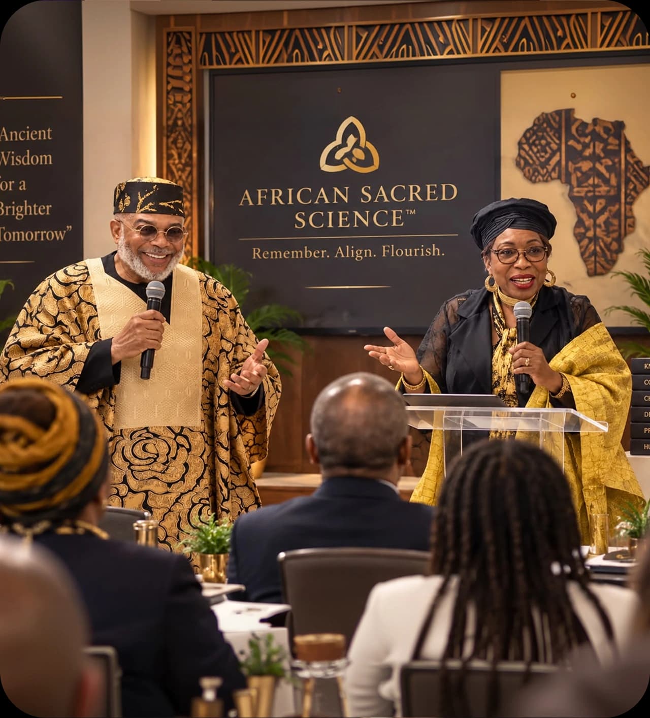 Two speakers sharing African Sacred Science with a seated audience