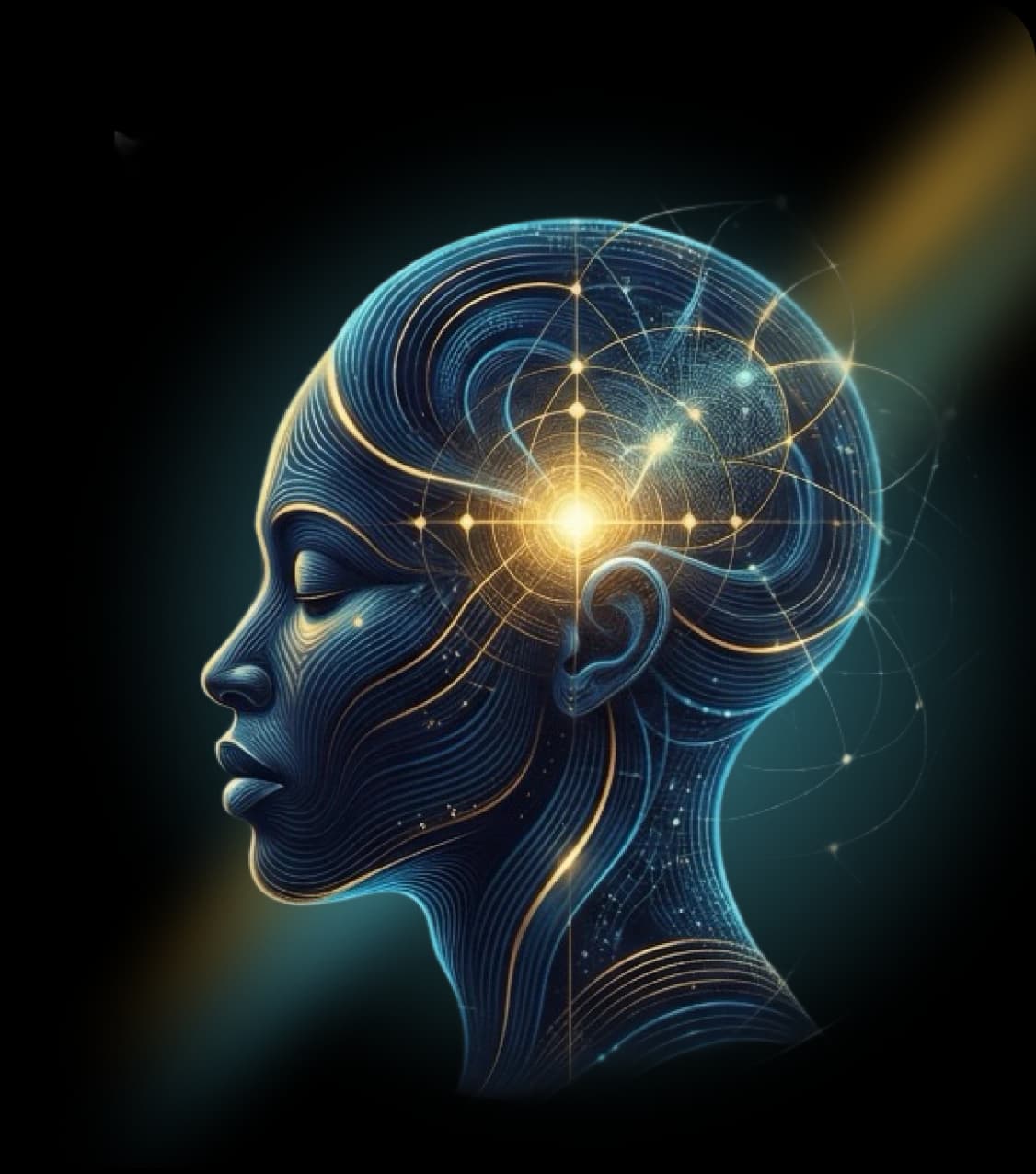 A luminous blue profile traced with golden lines and points of light